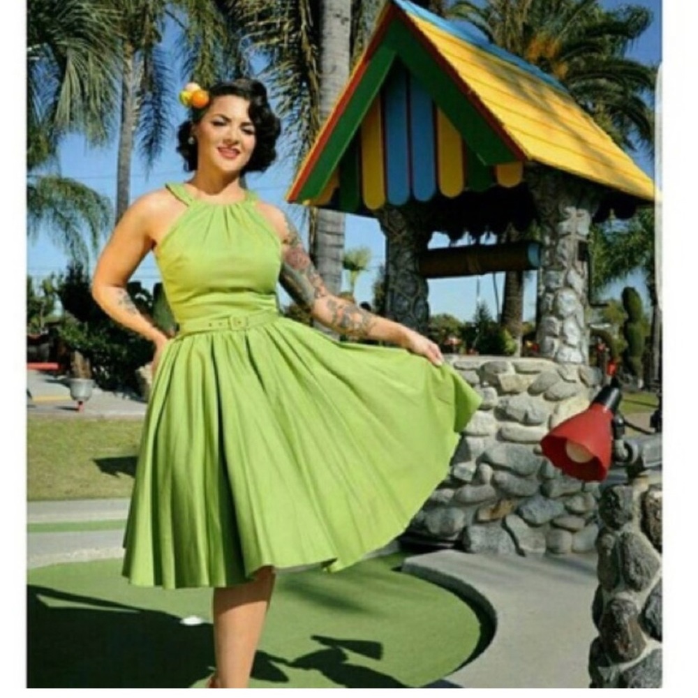 SOLD. Large olive green PinupGirl Clothing Harley dress